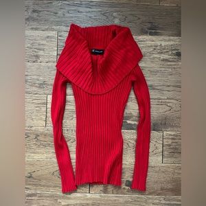 INC International Concepts Cowl Neck Fitted Red Double Knit Ribbed Sweater